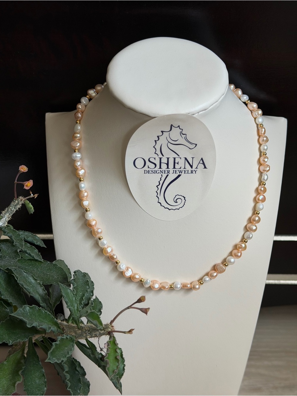 Oshena Coralie Pearl Necklace with Gold Accents